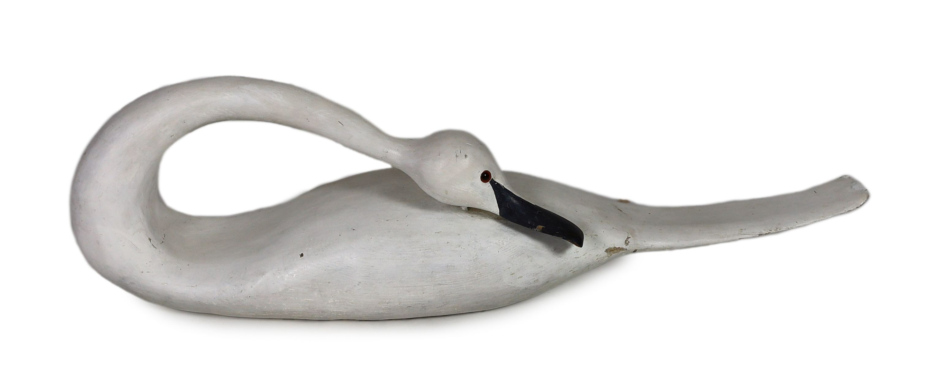 Guy Taplin (b.1939), Swan, carved and painted wood sculpture, length 113cm, depth 29cm, height 33cm